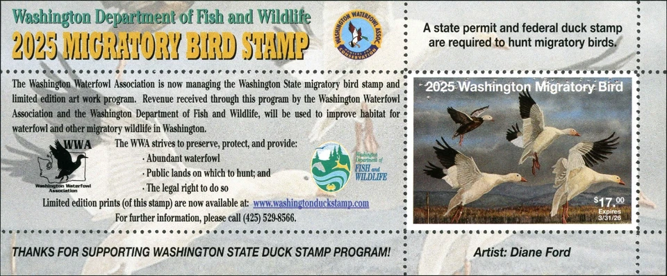 WASHINGTON  #40A 2025 STATE DUCK STAMP SNOW GEESE By Diane Ford. FINAL STAMP - Image 1 of 2