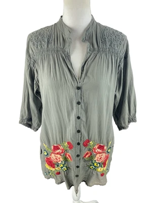 Blusa Johnny Was S Plisada Bordada Floral Algodón Manga 3/4 Gris Foto 1 de 4