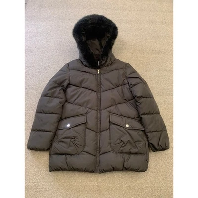 Mayoral Girl's Size 10 Black Hooded Puffer Jacket With Faux Fur - Image 1 of 4