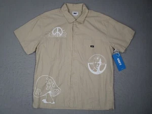 Obey Shirt Mens Large Beige Button Up Short Sleeve Oyster Woven Mushroom Organic - Picture 1 of 8