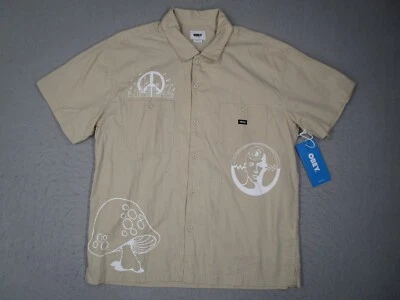Camisa Obey Para Hombre Grande Beige Abotonada Manga Corta Ostra Tejida Seta Orgánica Foto 1 de 4