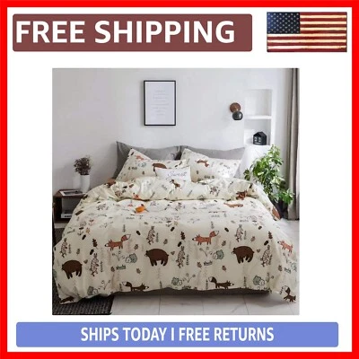 Soft Cotton Full Comforter Set Featuring Cartoon Bear and Fox Design - 3 Pieces - Image 1 of 4