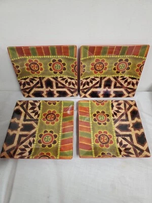 Rio (4)  Tabletops Gallery  Square  Salad Plates 8 1/4"   Orange Green Rust - Image 1 of 4