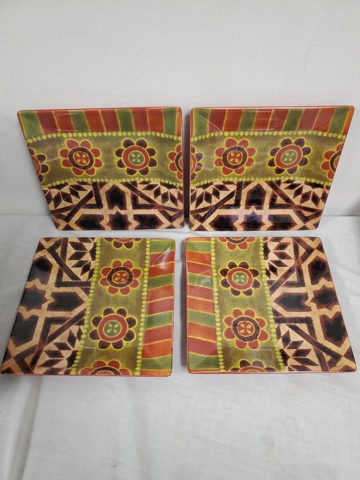 Rio (4)  Tabletops Gallery  Square  Salad Plates 8 1/4"   Orange Green Rust - Image 1 of 4