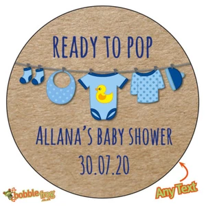 Personalised BABY SHOWER READY TO POP Bunting Stickers Cute Bag Cone 497 BLUE - Picture 1 of 3