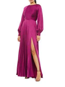 Ieena Mac Duggal Berry Pleated Long Sleeve Satin A-Line Gown Size 6 $458 - Picture 1 of 3