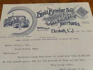 Rare 1911 Broeker Elizabeth NJ Wine Liquor Merchant letter graphic - Picture 1 of 2