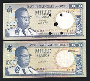 CONGO P-8 x 2. 1964 1000 Francs.. Prefix BA - Punch Cancels aU-U, Prefix X gVF - Imagen 1 de 2