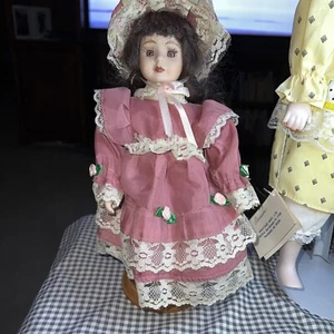 Victorian Porcelain Doll 11" Pink Dress/Bonnet W/ Roses & Lace Brunette - Picture 1 of 21