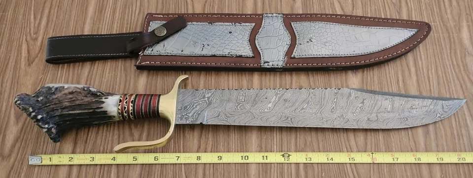 Vintage Antique Hunting Custom Stag Bowie Damascus Knife  - Image 1 of 4