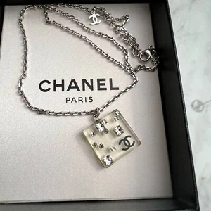 Chanel Silver Necklace with Clear Square Lucite, Crystal, and CC Logo Pendant - Picture 1 of 8