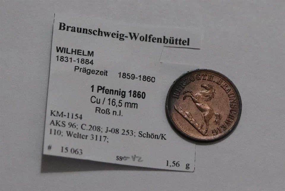 🧭 🇩🇪 GERMANY BRAUNSCHWEIG WOLFENBÜTTEL 1 PFENNIG 1860 HIGH GRADE B79 #W557 - Image 1 of 2