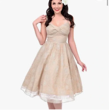 Stop Staring Darla Embroidered Beige Rockabilly Pin Up Swing Dress Nwt M