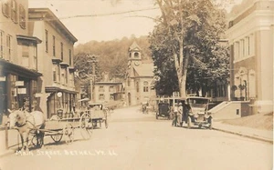 c.1915 RPPC Stores Gas Pump Early Cars Main St. Bethel VT - Picture 1 of 2