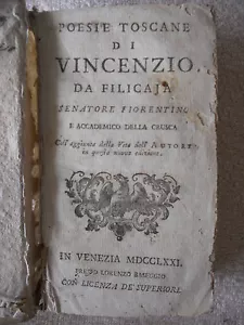 2 LIBRI ANTICHI PIENA PERGAMENA "POESIE TOSCANE" VINCENZIO DA FILICAJA 1771 - Foto 1 di 1