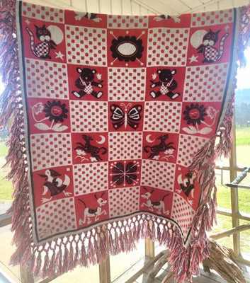 Manta bebé pájaro azul MCM de colección prendas de punto flecos rojo/blanco/azul reversible Japón  Foto 1 de 4