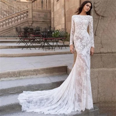 Ivory Mermaid Wedding Dress Trumpet Wedding Gown Long Sleeves ONeck Bridal Dress - Image 1 of 4