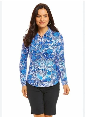 Ladies IBKUL BAMBOO GARDEN BLUE Long Sleeve Mock Golf Shirt Koi Fish Large Zip - Image 1 of 4