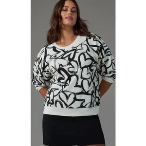 Anthropologie Maeve Heart Printed Crewneck French Terry Sweater Women Sz Small - Picture 1 of 14
