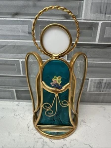 VTG Stained Gold/Teal Glass Angel Sun Catcher Holding Flowers Free Standing EUC! - Bild 1 von 8