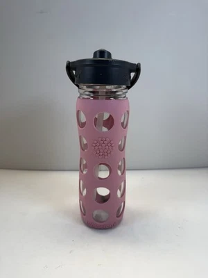Lifefactory 14 oz Glass Water Bottle Pink Silicone Sleeve with Straw - Image 1 of 4
