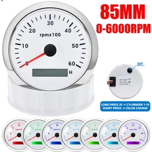 85mm Waterproof White Tachometer Gauge 0-6000RPM 7 Colors LED for Boat Car Truck - Picture 1 of 17