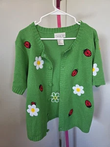Mandal Bay Lady Bug Green Floral Sweater | Size L | Vintage 90s Button Cardigan - Picture 1 of 6