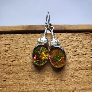 Orecchini elefante pendenti in vetro dicroico multicolore vintage argento sterling 925 - Foto 1 di 9