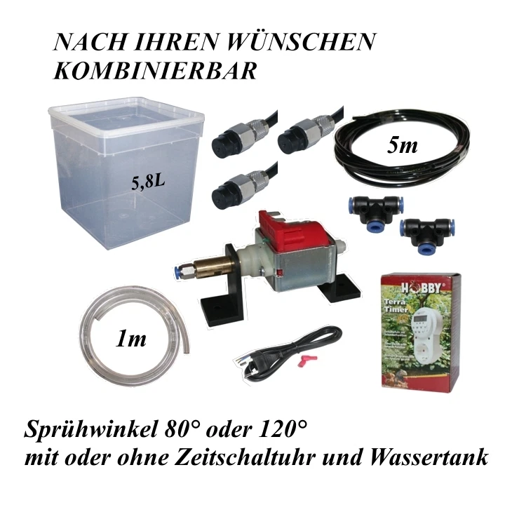 Beregnungsanlage Terrarium - Bausatz mit 3 Düsen 80°/120° - Zeitschaltuhr - Tank - Bild 1 von 1