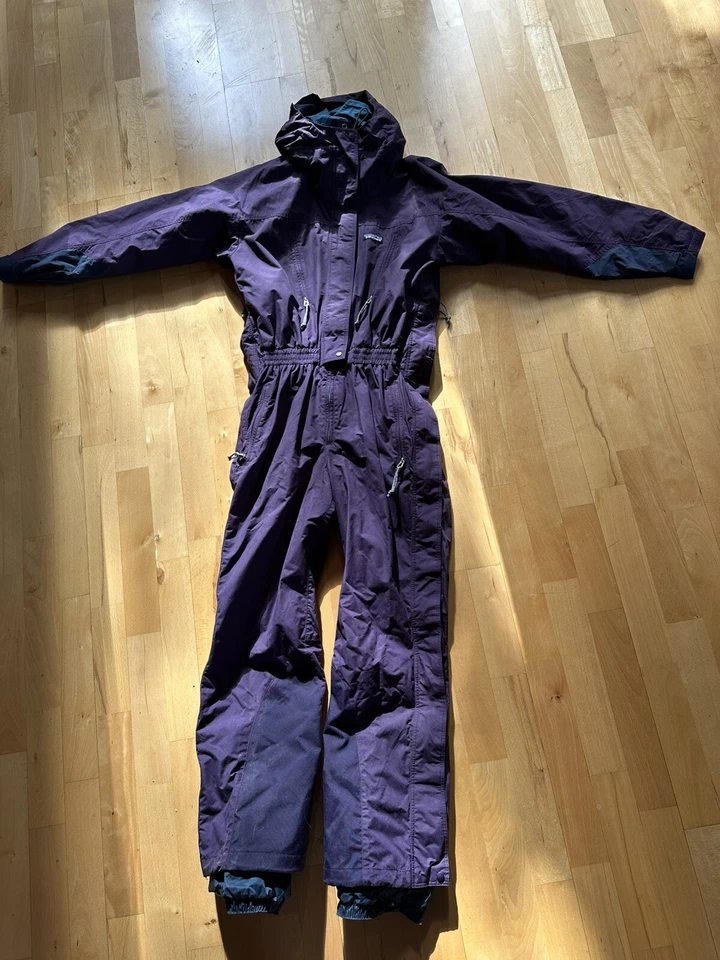 Traje de esquí vintage Patagonia 1 pieza púrpura con capucha talla 8 tirantes internos Foto 1 de 4