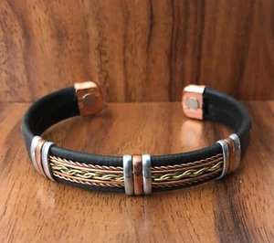 Solid Copper Leather Wrapped Magnetic Bracelet Energy Pain Jewelry Chain Link - Picture 1 of 4