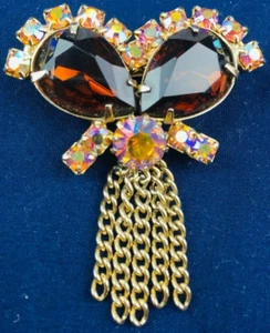 Vintage JULIANA Amber Stone With Aurora Borealis Rhinestone "Owl Eye" Pin Brooch - Picture 1 of 6