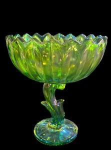 Vintage Green Carnival Glass Tulip Lotus Blossom Tall Footed Compote - Picture 1 of 7