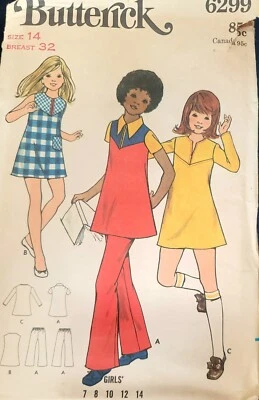 Vtg Butterick pattern 6299 Girls' mini A-line Dress & Pants size 14 Uncut - Image 1 of 2