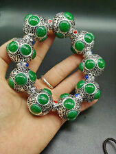 Old Amazing Tibetan Silver Hand-carved Flower Inlaid Green Jade Bracelet s.6