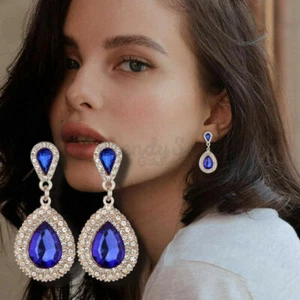 Gold Plated Blue Sapphire Pear Shaped Teardrop Rhinestone Dangle Drop Earrings - Picture 1 of 12
