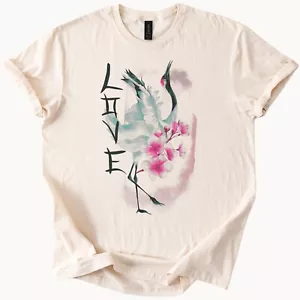Crane Love Cherry Blossoms Graphic T-Shirt Japan Art Style Tee - Picture 1 of 4