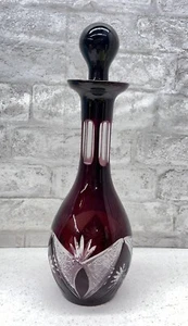 Vintage Bohemian Cranberry Crystal Cut To Clear Decanter 13.5” - Picture 1 of 6