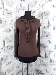 ANNE FONTAINE Top Solid Brown Ruffled Longsleeve Button Front Jumper sz 40 M 🌈 - Picture 1 of 11