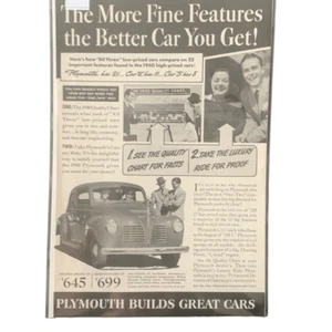 Vintage 1940 Plymouth The More Fine Features the Better Car You Get Ad Advertise - Picture 1 of 4