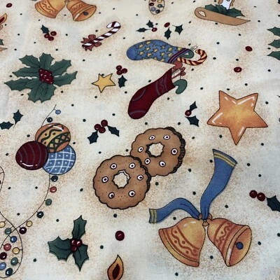 Christmas Fabric Cotton Stockings Bells Holly Beth Bruske 1 Yard X 44” W Holiday - Image 1 of 4