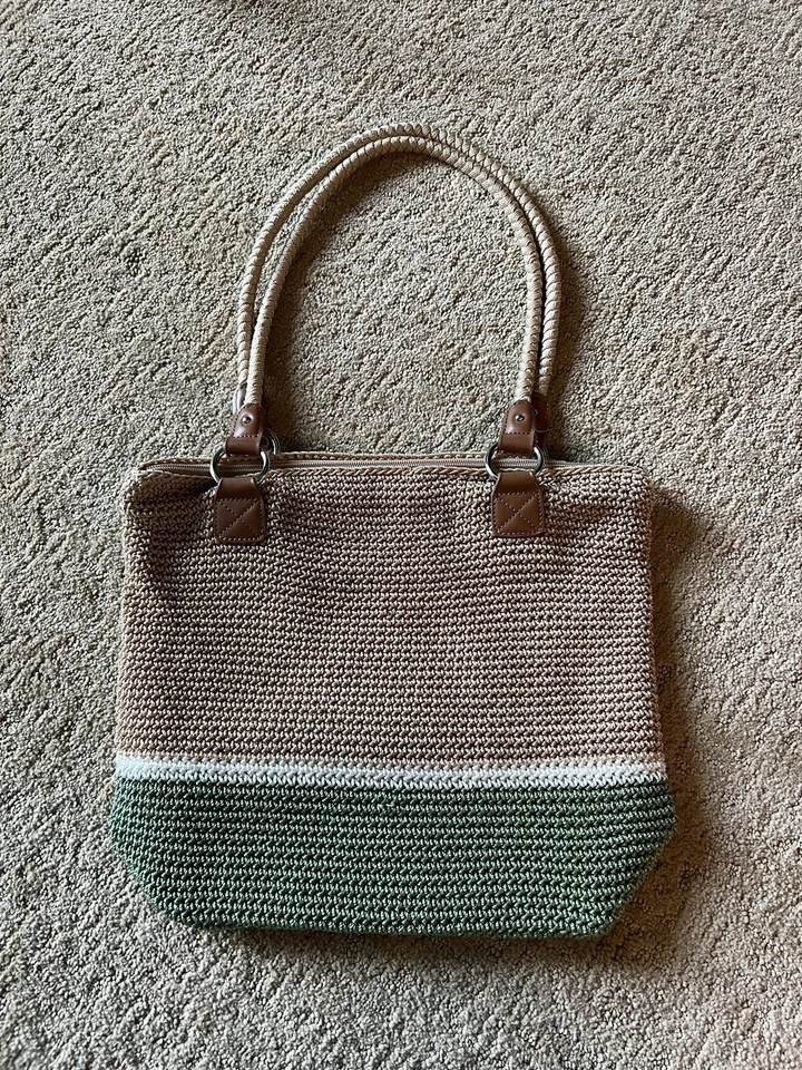 Croft & Barrow Crochet Hobo Bolso Cartera Bronceado, Verde con Marfil 12” Gota. Foto 1 de 4