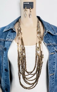 Chico's Audria Long Layered Multi Strand Brown Bead MOP Necklace Earrings Set - Picture 1 of 8