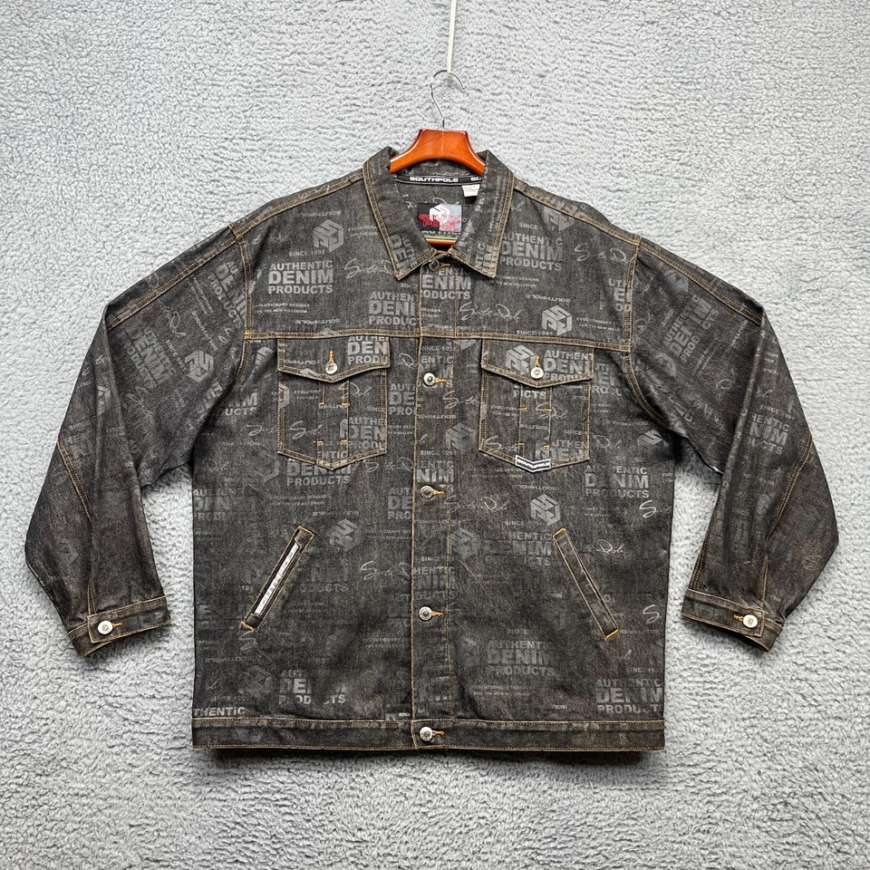 VTG South Pole Denim Jacket Mens XL Black Waxed AOP Graffiti Streetwear Logo - Image 1 of 4