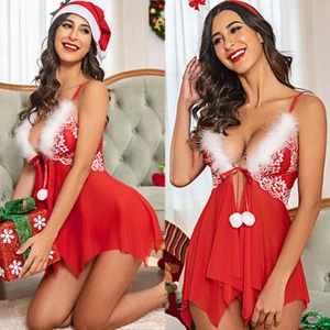 Christmas Lingerie for Women Lace Embroidery Santa Babydoll Sexy Sleepwear Dress - Picture 1 of 16