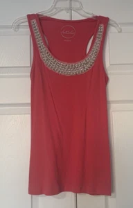 INC International Concepts Coral Tank Top Rhinestone Pearl Collar Size L - Picture 1 of 4