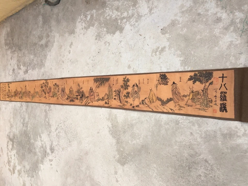 Cuadro antiguo chino "Pintura de figuras" pintura de pergamino largo tabla de dieciocho Arhat Foto 1 de 4