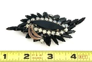 Vintage Jet Black Rhinestones Copper Attachment Large Brooch - Picture 1 of 5
