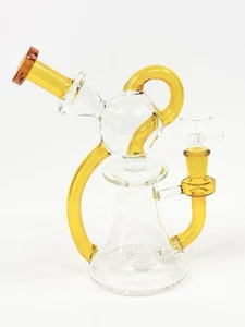 8” Yellow Small Glass Bong Smoking Water Pipe Recycler Hookah + 14mm Bowl - Picture 1 of 5