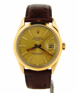 Rolex Date Mens Gold Shell Steel Watch Champagne Dial Brown Strap Vintage 15505 - Picture 1 of 6